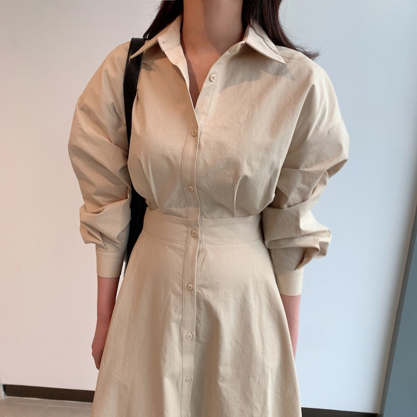 xakxx Spring Elegant Office Lady Vintage Office Puff Sleeve Shirt Dress Women Casual Single-Breasted A-Line Dresses