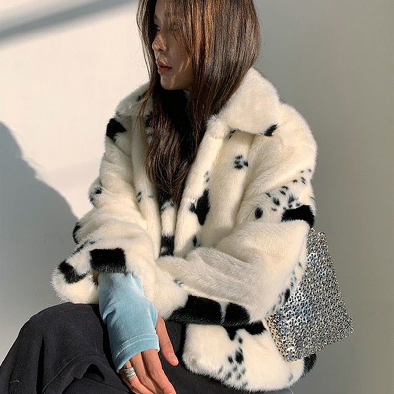 xakxx Black Fridy Black White Cow Pattern Faux Mink Fur Coat Womens Elegant Winter Short Turn-Down Collar Coats Korean Soft Tops Woman