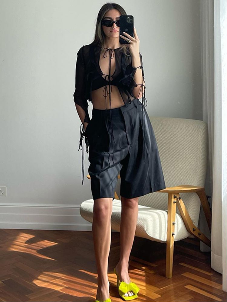 xakxx See Through Mesh Summer Sexy Tie It Up Women Tops Cardigan Outfits Streetwear Long Sleeve Cut Out Top Tees Clothes