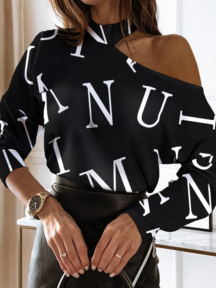 xakxx xakxx Autumn outfits Women Elegant Fashion Long Sleeve Blouses Tops Could Shoulder Letter Casual Blouse