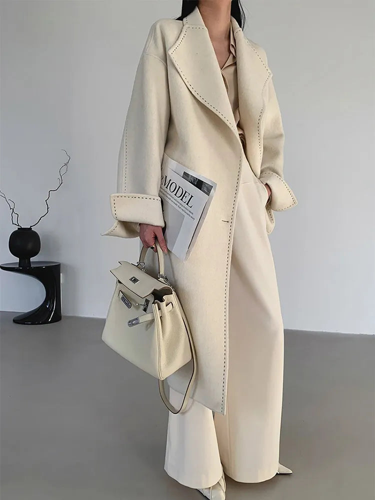 xakxx-New Women Simple Arch Needle Doulbe-sided Wool Coat Loose Long Lapel Lace-up Fashion Woolen Jacket Warm Outerwear Autumn Winter