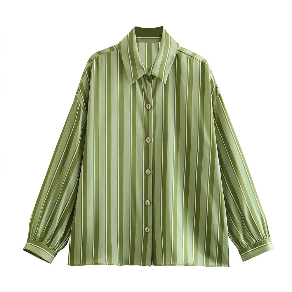 xakxx- New Women's Temperament Fashion Versatile Casual Long Sleeve Polo Shirt Front Button Closed Stripe Loose Fit Shirt