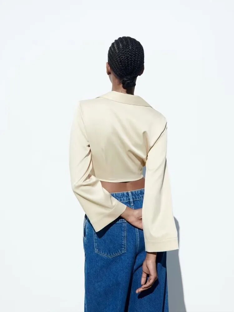 xakxx xakxx - new women's satin texture corset-style button-down polo collar top