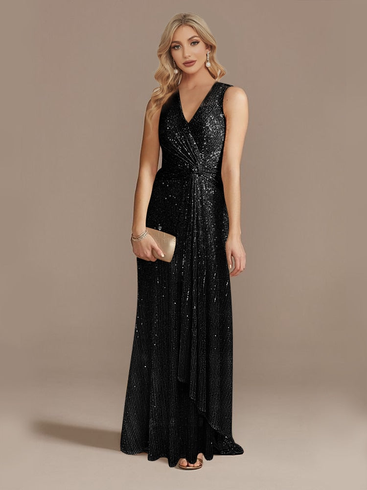 xakxx Women New VNeck Party Maxi Dress Sleeveless Black Sequin Evening Dress Long Prom Cocktail Dress Formal Vestidos