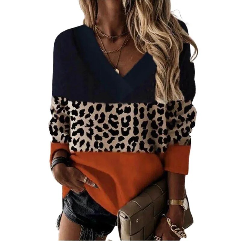 xakxx- 4 Color Patchwork Leopard Print T Shirt Women's V Neck Long Sleeved Lady Autumn Casual Pullover Leopard Tops Oversized 5XL