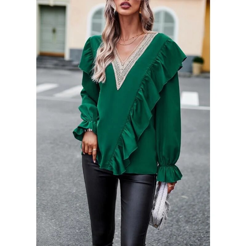 xakxx- Elegant Ruffle Blouse Women V-Neck Long Sleeve t Shirt Lady Spring Autumn Temperament Solid Color Black Tops