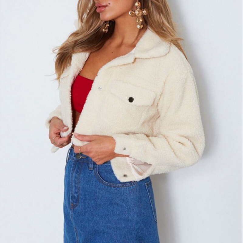 xakxx Thanksgiving Autumn Winter Short Coats And Jackets Solid Color Long Sleeve Casual Outerwear Woman Button Turn-Down Jackets Female