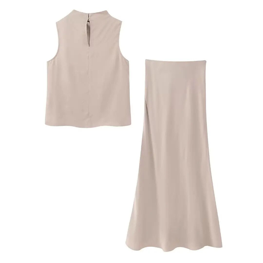 xakxx xakxx - New Women's Clothes Casual Fashion Pleated Design Silk Satin Top Slim High Waist Silk Satin Midi Skirt Set