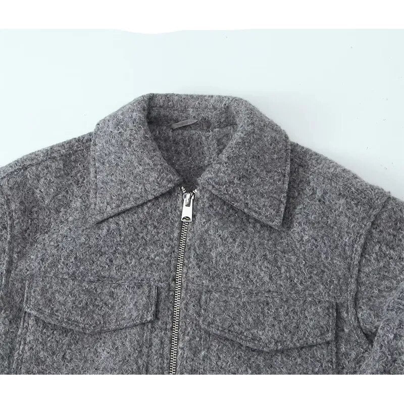 xakxx- Vintage Women Gray Cropped Woolen Jacket Long Sleeve Pockets Female Autumn Winter Short Coat