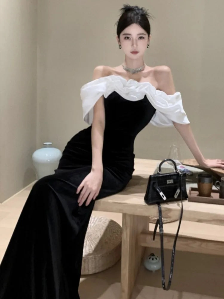 xakxx Women Sexy Off Shoulder Party Dress New Slim Waist French Patchwork Elegant Lady Maxi Fashion Solid A-line Vestidos Mujers