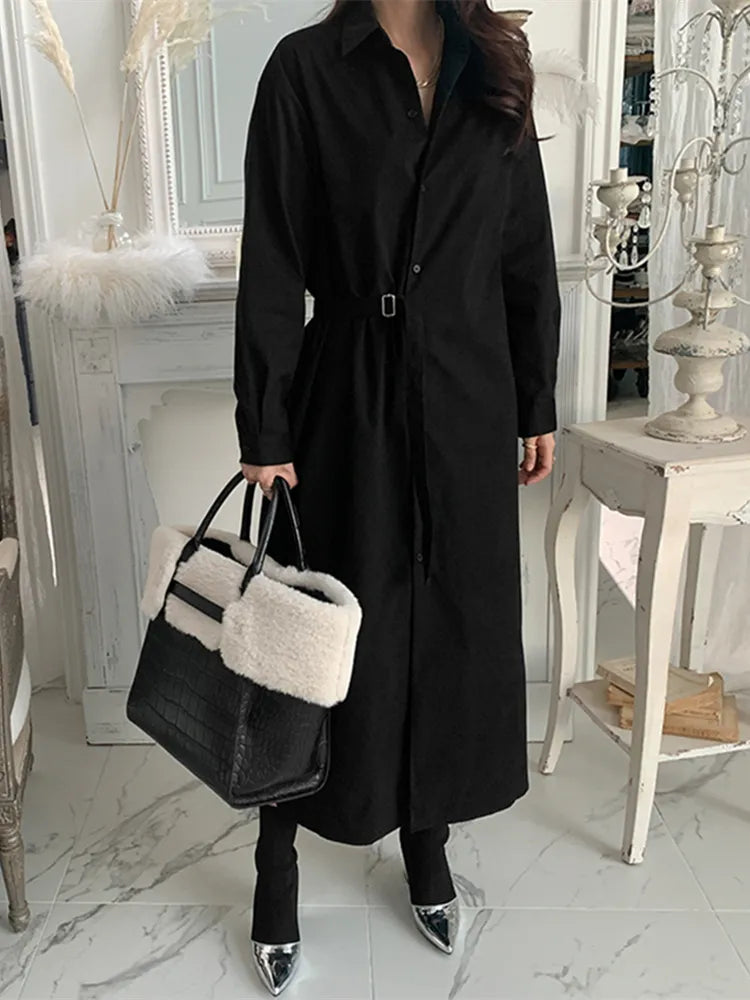 xakxx Spring Women Casual Sashes Shirt Dress Vintage A-Line Office Lady Elegant Dresses Female Midi Dress