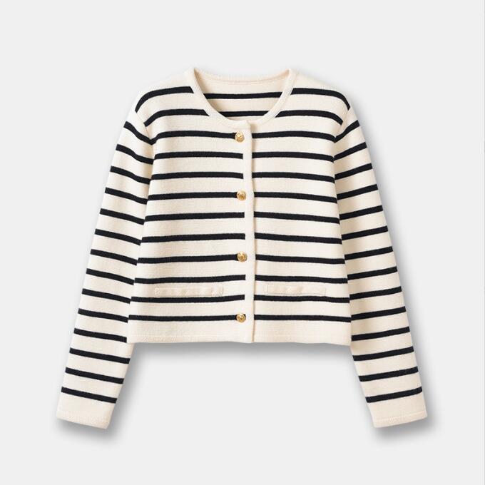 xakxx Women Single Breasted Striped Cardigan Jacket O-Neck Long Sleeve Casual Slim Short Knitted Coat for Ladies Spring