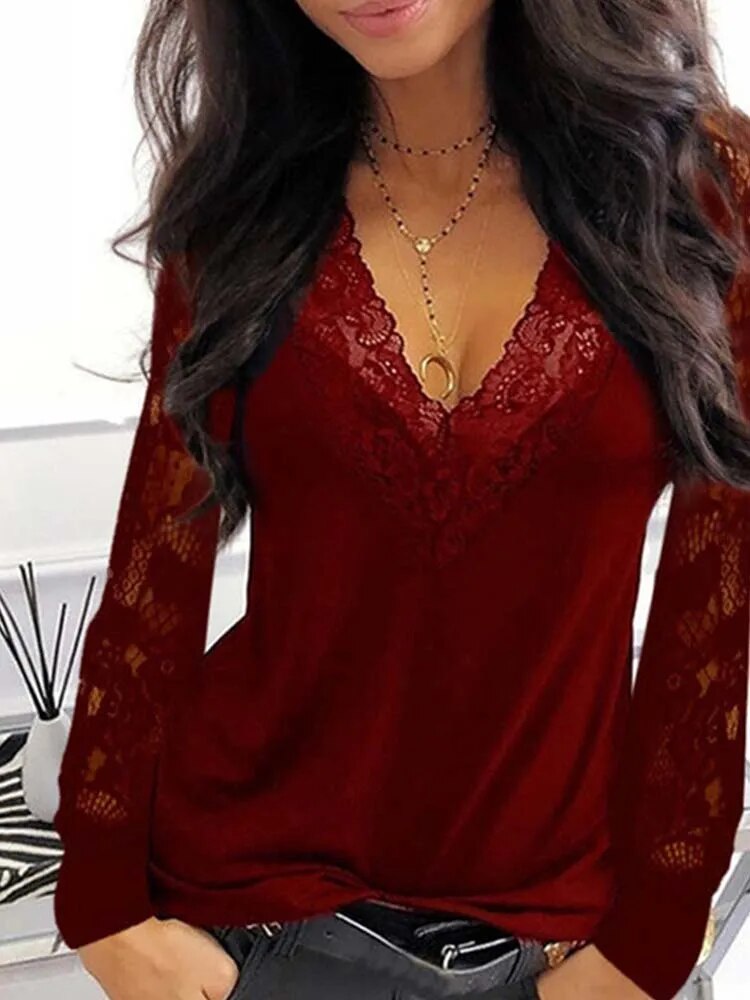 xakxx xakxx- Sexy Lace stitching V-neck perspective long sleeved Women Solid Color Casual style Lady Top T-shirt Spring Autumn Clothes