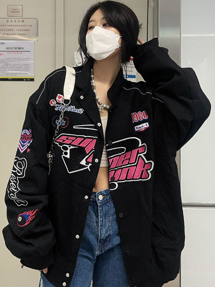 xakxx Gothic Punk Embroidery Sweatshirts Women Harajuku Zip Up Oversize Hoodies Black Loose Casual Tops Jacket Vintage Hippie