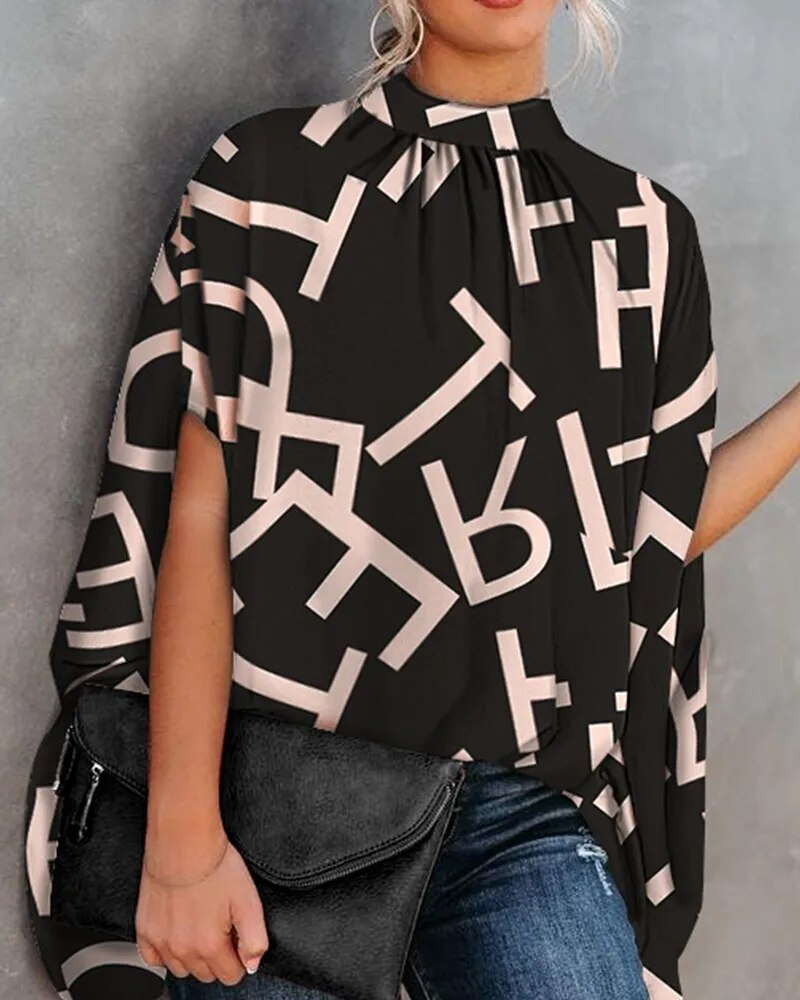 xakxx- Elegant Bat Sleeve Blouse Lady Large Size High Collar Half Sleeve t Shirt Female Autumn Party Evening Clothing