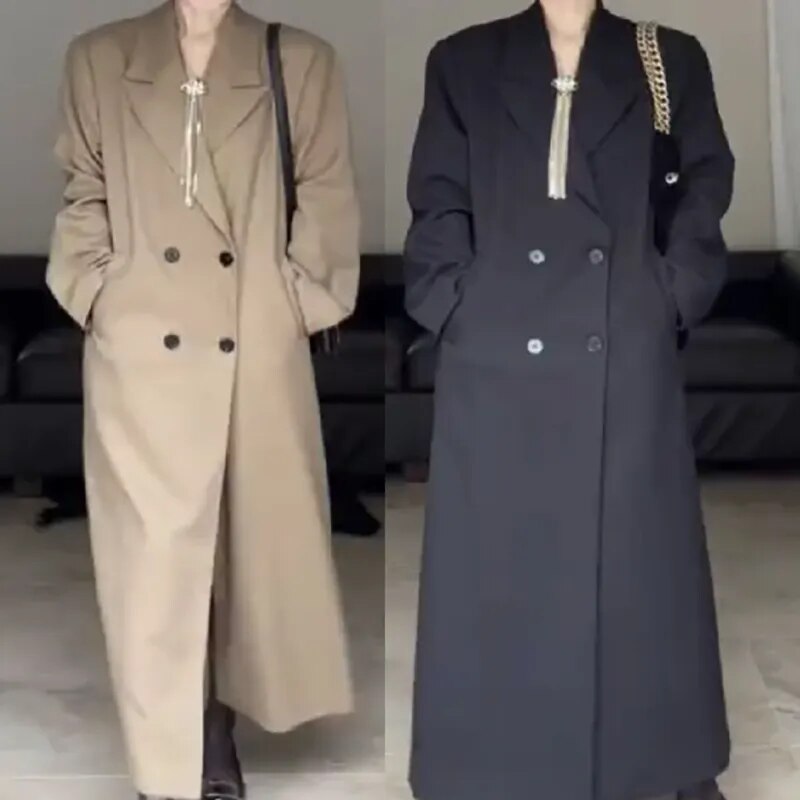 xakxx xakxx-Trench Coat Women Long Windbreaker Autumn Fashion Chic British Style Double Breasted Khaki Trench Coat For Women Plus Size