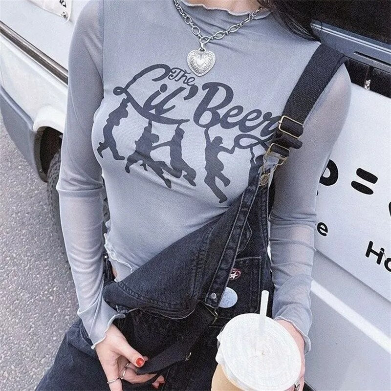 xakxx See Through Crop Top Vintage Graphic Letter Print Mesh Sheer T-shirt Harajuku Slim Tee Y2K Long Sleeve Tops Women Clothes