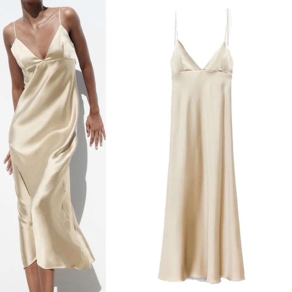 xakxx- New Women's Silk Satin Texture Underwear V Neck Adjustable Spaghetti Straps Open Back Side Seam Concealed Zipper Closure Dress