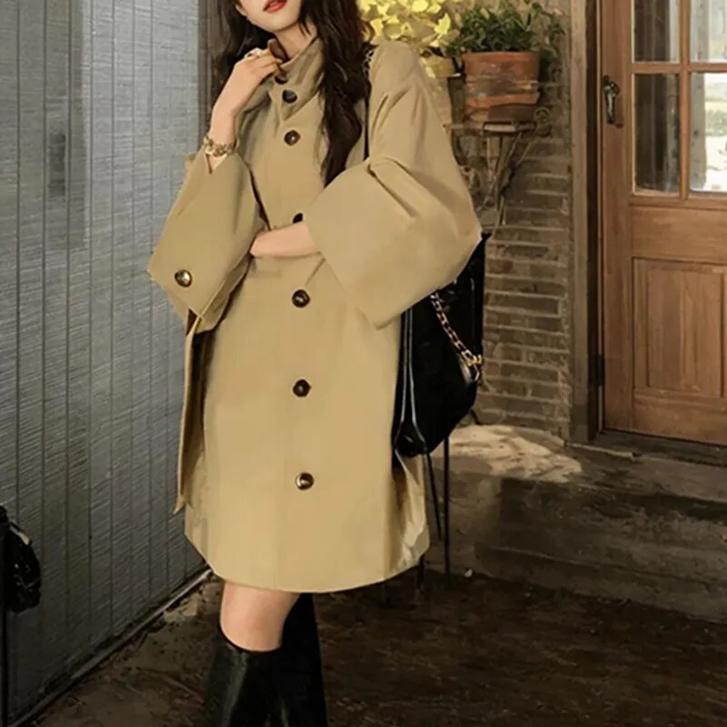 xakxx xakxx-Khaki Short Windbreaker Trench Coat Women Autumn Fashion Causal Loose Double Breasted Trench Coat For Women Plus Size