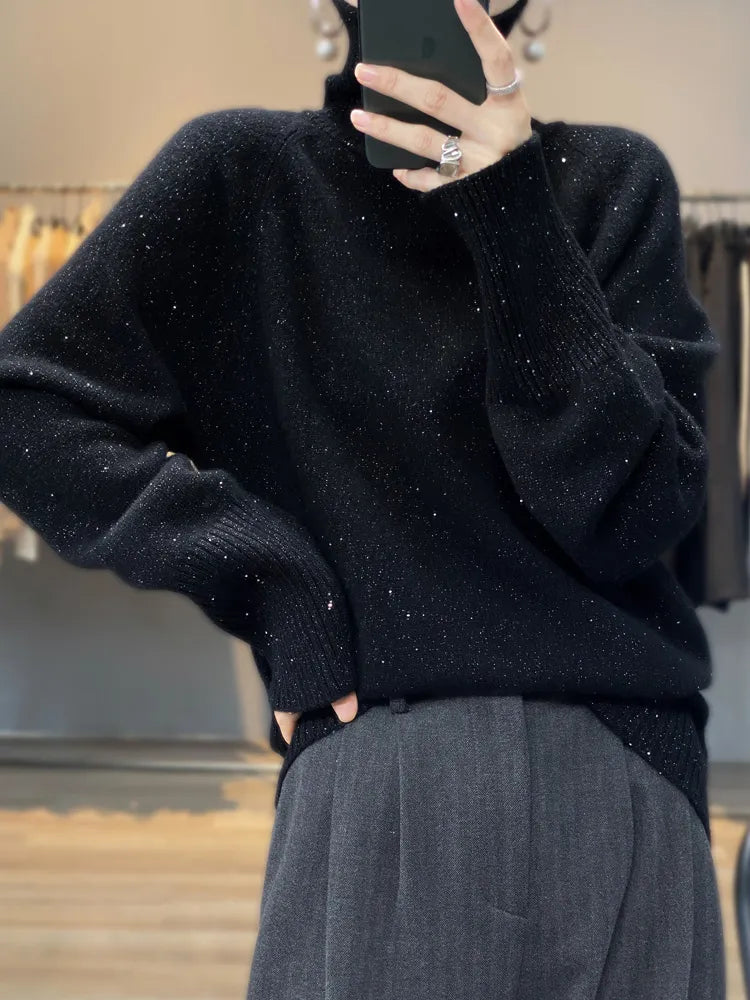 xakxx xakxx-Loose sequined turtleneck 100% cashmere sweater thick sweater female Korean version of winter new wool bottoming sweater