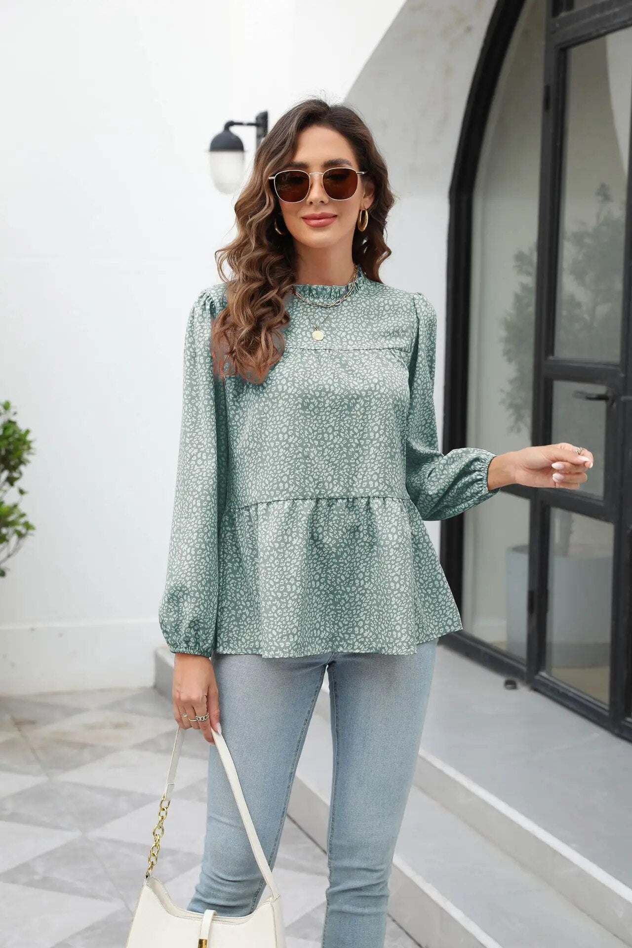 xakxx- vintage Floral Printed A-Line Blouse Women Round Neck Long Sleeve T Shirt OL Spring Autumn Fashion Tops