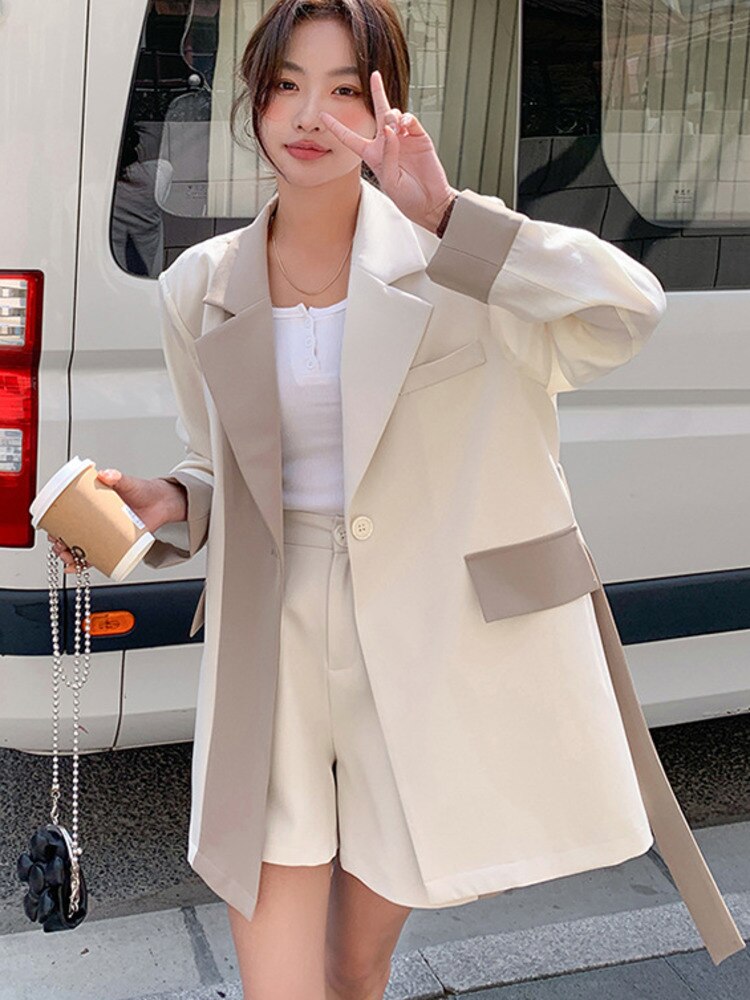 xakxx Women Contrast Color Lace-up Blazer Coat Long Sleeve Patchwork Pocket Suit Jacket Spring Summer New Tide Top 16Y7915