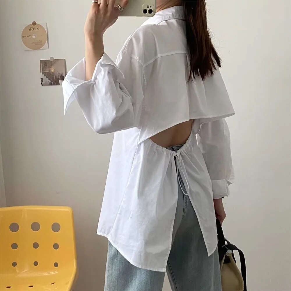 xakxx xakxx - New Women's temperament fashion casual casual sexy white backless design lapel long-sleeved poplin shirt