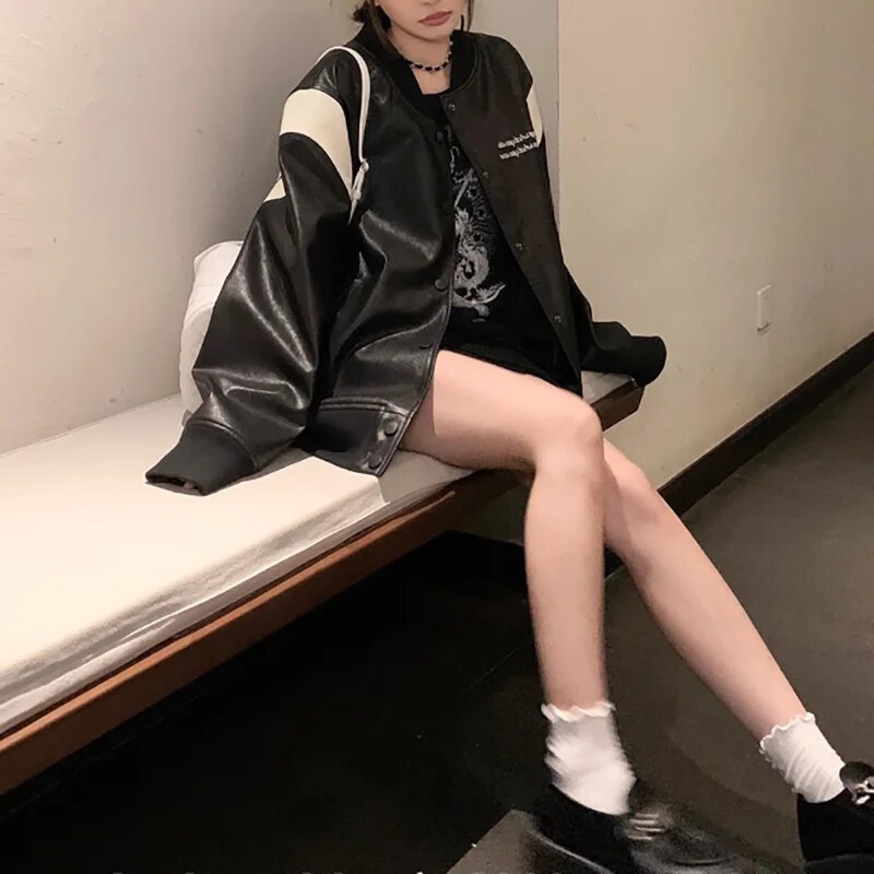 xakxx-Leather Coat Women Autumn Vintage PU Loose Coffee Baseball Jacket Fashion Black Coat For Women