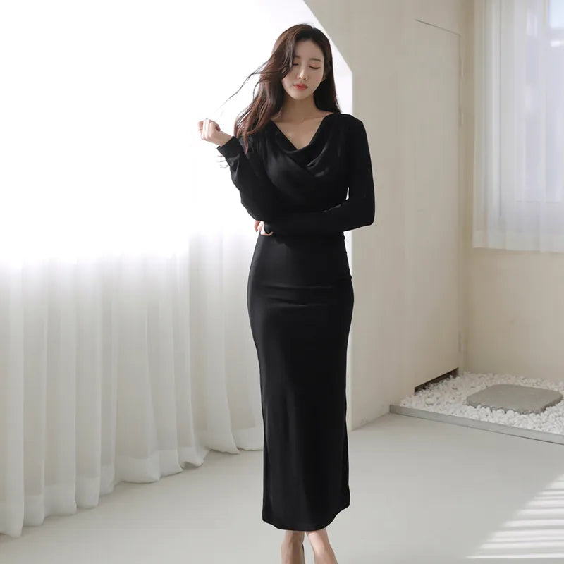 xakxx Women Long Sleeve Autumn Plie Neck Ruched Bodycon Slim Dress Office Ladies Party Sexy Ankle-Length Vestidos Femme Clothes