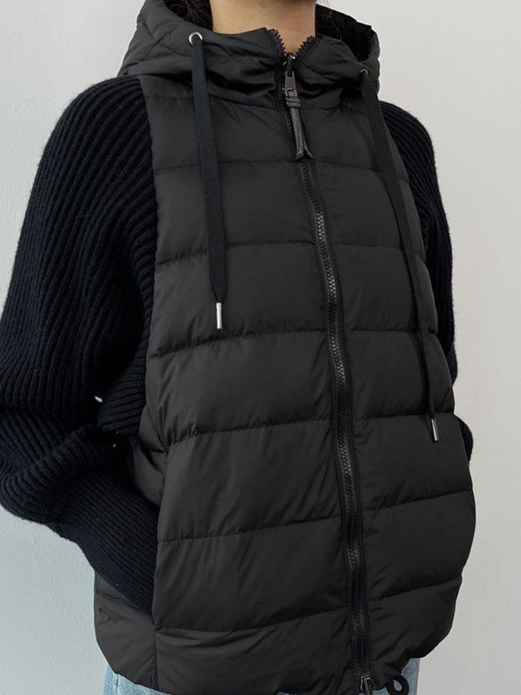 xakxx Women Knit Stitcing Hooded Down Coat Fashion Autumn Winter Female Long Sleeve Drawstring Zipper Jacket