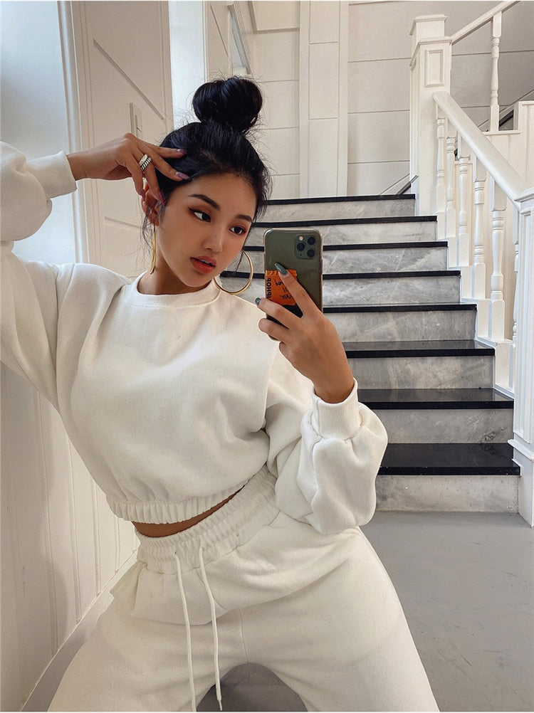 xakxx Women Pullover Hoodies Sweatshirts Suit Winter Spring Solid Casual Tracksuit Fleece 2 Pieces Set Sweatpants Quality Outfits