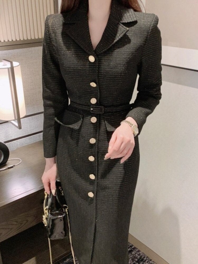 xakxx Women Beautiful Women Clothes Lace-up Waist Office Lady Ladies Tweed Dress Spring Sweet Notched Collar Slim Dresses