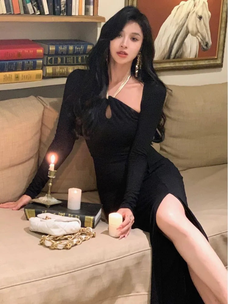 xakxx Women Sexy Bodycon Evening Party Dress French Elegant Halter Slim Knitted Robe Korean Autumn Fashion One Pieces Vestidos