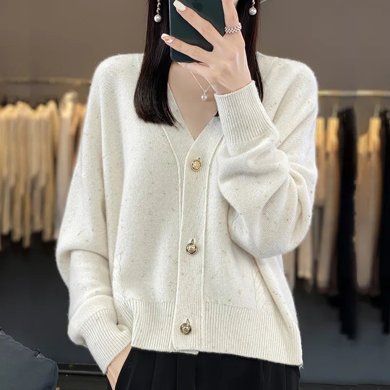xakxx-New women's 100% pure cashmere grain with thick wool cardigan with golden bean yarn New Year's dress