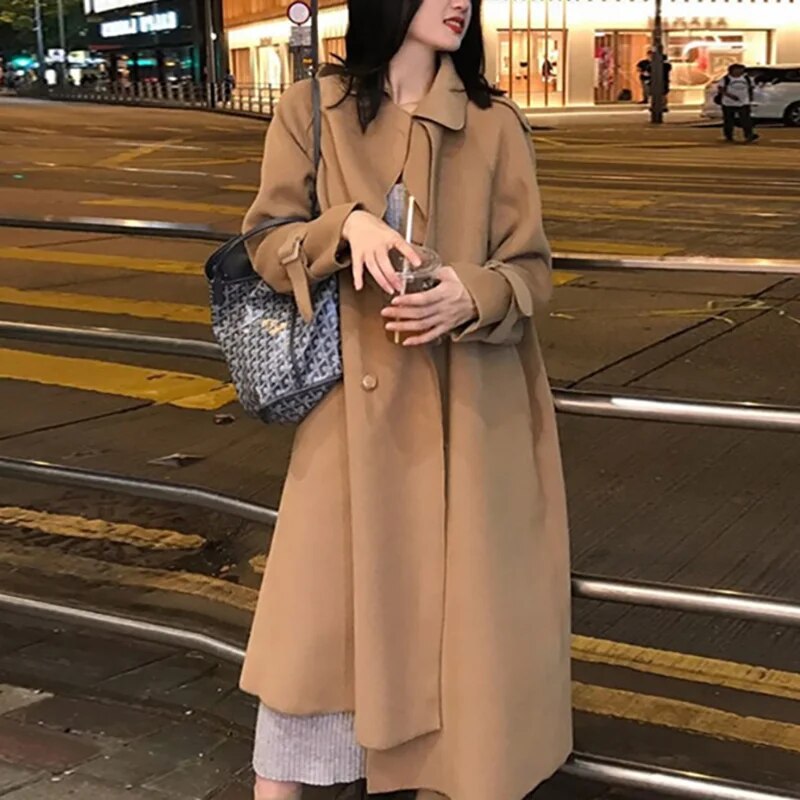 xakxx xakxx-Double-sided Tweed Coat Women Autumn Winter Fashion Loose Long Warm Black Beige Khaki Tweed Trench Coat For Women