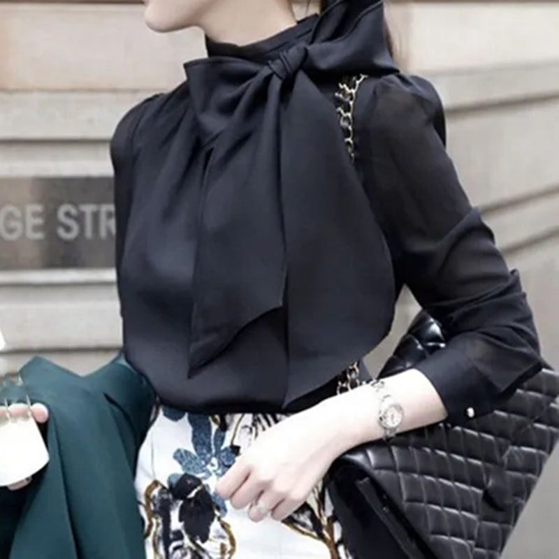 xakxx xakxx Black Friday Korean Women's Chiffon Blouses Autumn New Fashion Bow Long Sleeve Shirt Black White Elegant Streetwear Woman Tops