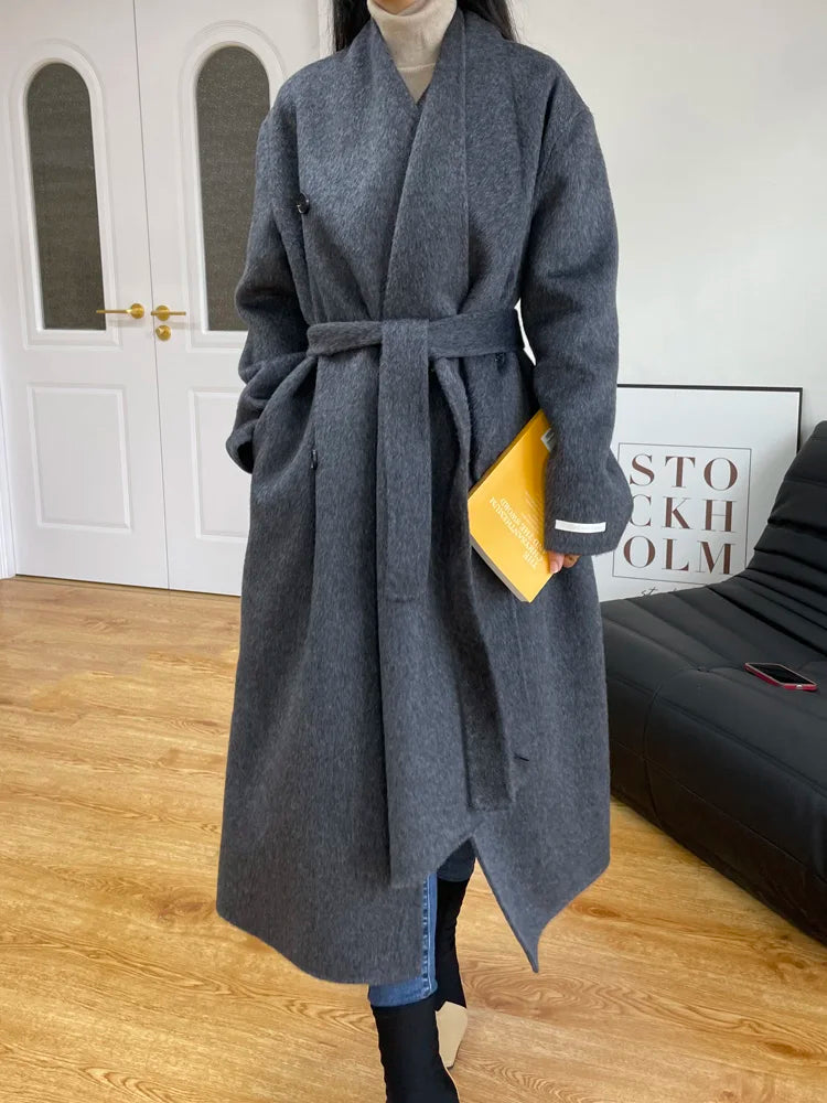 xakxx xakxx-New Fashion Scarf Collar Warm Double-sided Wool Coat Loose Women Fashion Double-breasted Long Woolen Coat Female Clothing Autumn