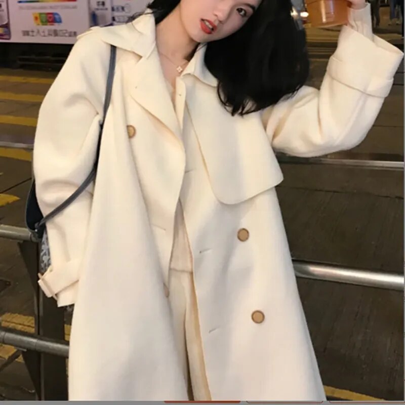 xakxx xakxx-Double-sided Tweed Coat Women Autumn Winter Fashion Loose Long Warm Black Beige Khaki Tweed Trench Coat For Women