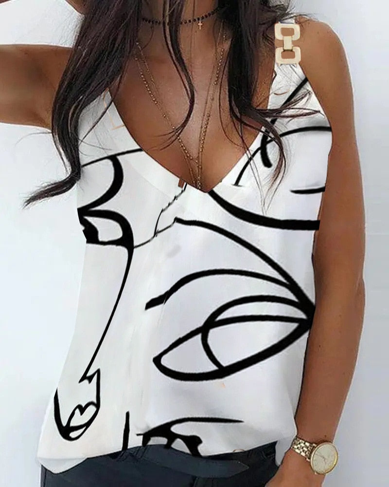 xakxx Women's Elegant Fashion Summer Sleeveless V-Neck Metal Button Print Strap Top Shirt Tank Top Women's Dress