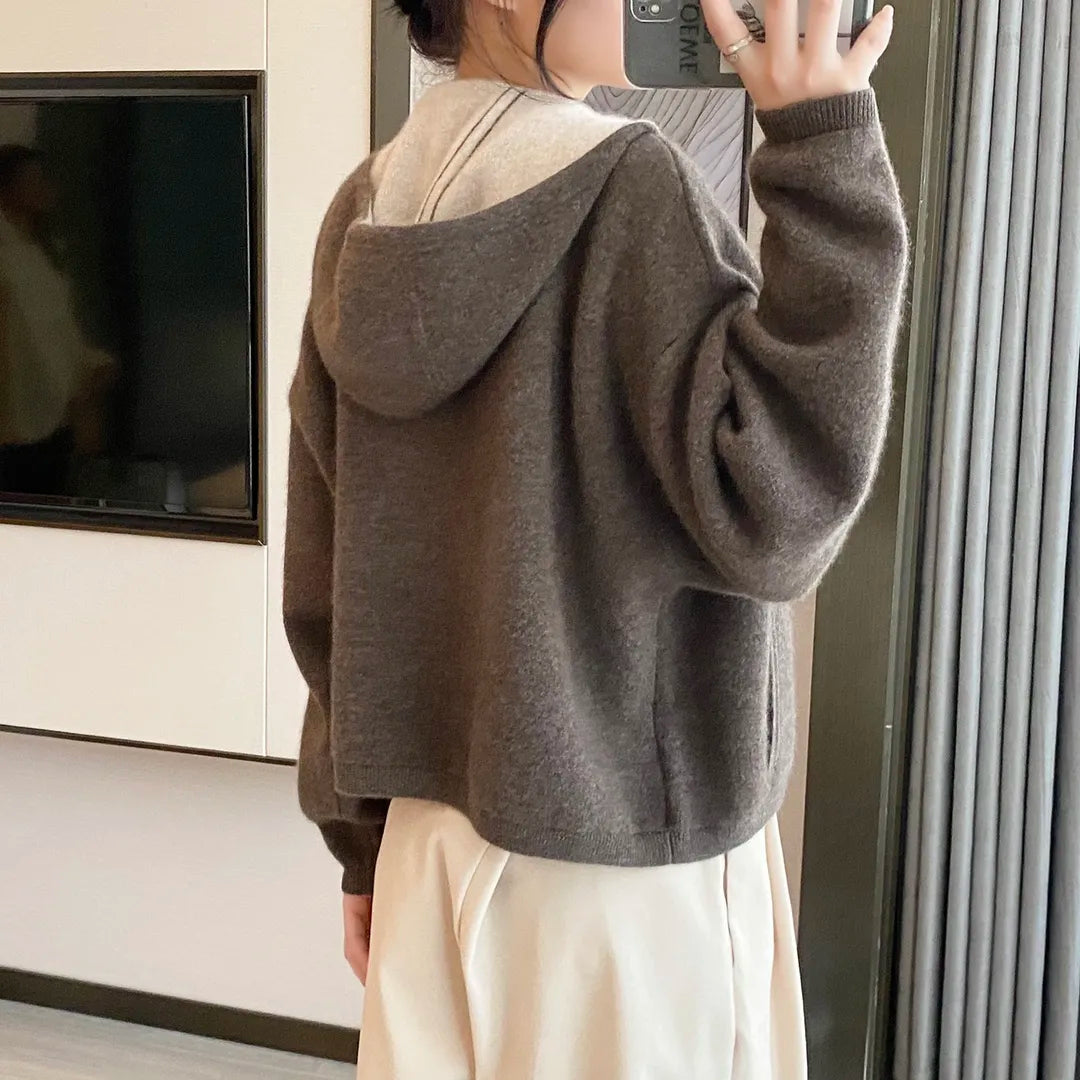 xakxx xakxx-Fall/winter new air cashmere cardigan women's loose padded knit hoodie contrast zipper sweater coat