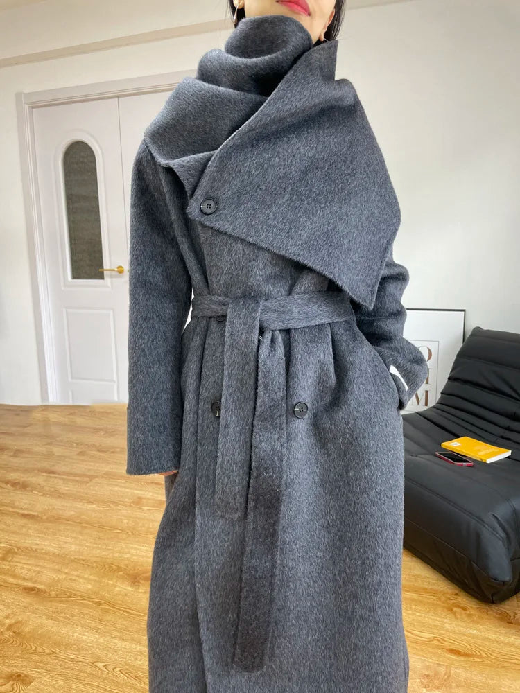 xakxx xakxx-New Fashion Scarf Collar Warm Double-sided Wool Coat Loose Women Fashion Double-breasted Long Woolen Coat Female Clothing Autumn