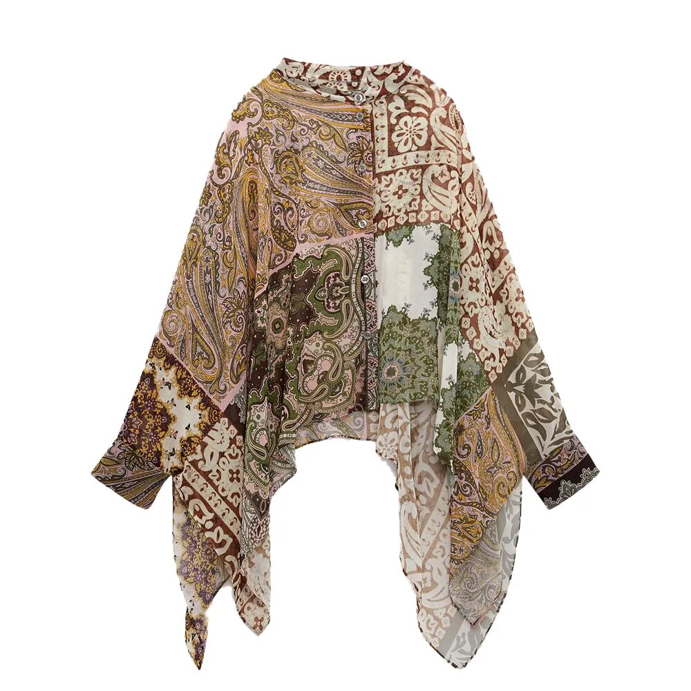 xakxx xakxx- New women's long-sleeved asymmetric hem side split front breasted closed patchwork cape shirt