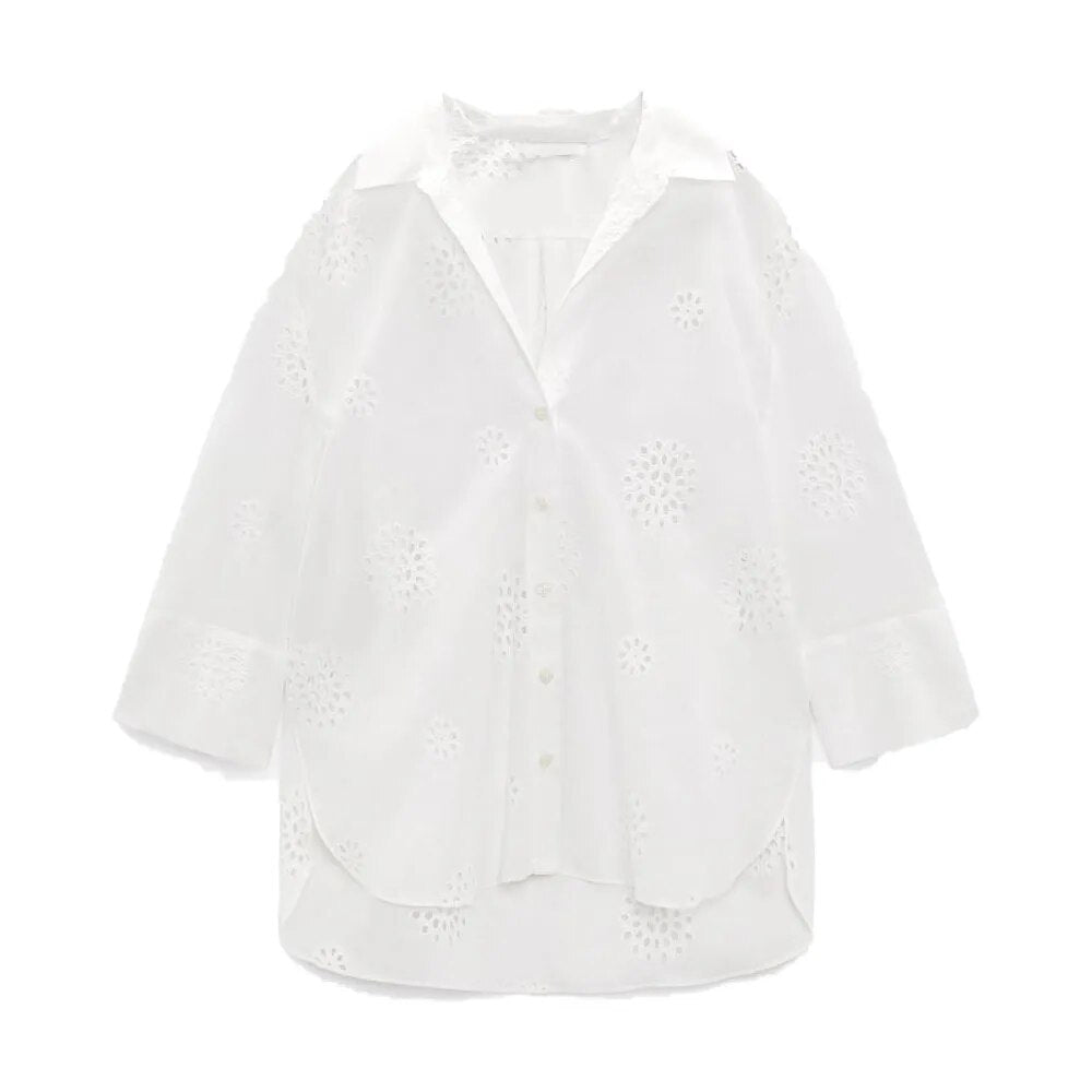 xakxx xakxx- New Women's Side Split Asymmetric Hem Front breasted Closed Cut Out Embroidery Shirt