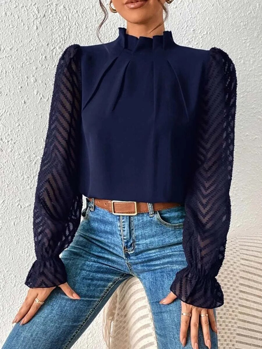 xakxx xakxx- Luxury Half High Collar Blouse Lady Panel Wave Pattern Ruffle Leaf Long Sleeved T-Shirt Autumn Winter Clothes