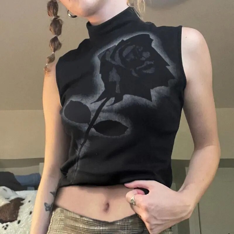 xakxx Harajuku Rose Flower Print Tank Top Women Summer Sleeveless High Neck Shirt Causal Vest Soft Loose Gothic Tee Shirt Femme