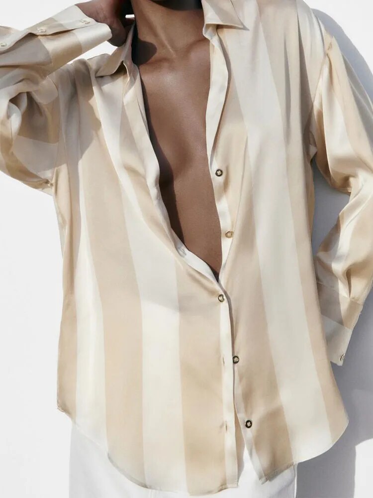 xakxx xakxx- new women's satin texture loose slim single-breasted V-neck casual shirt
