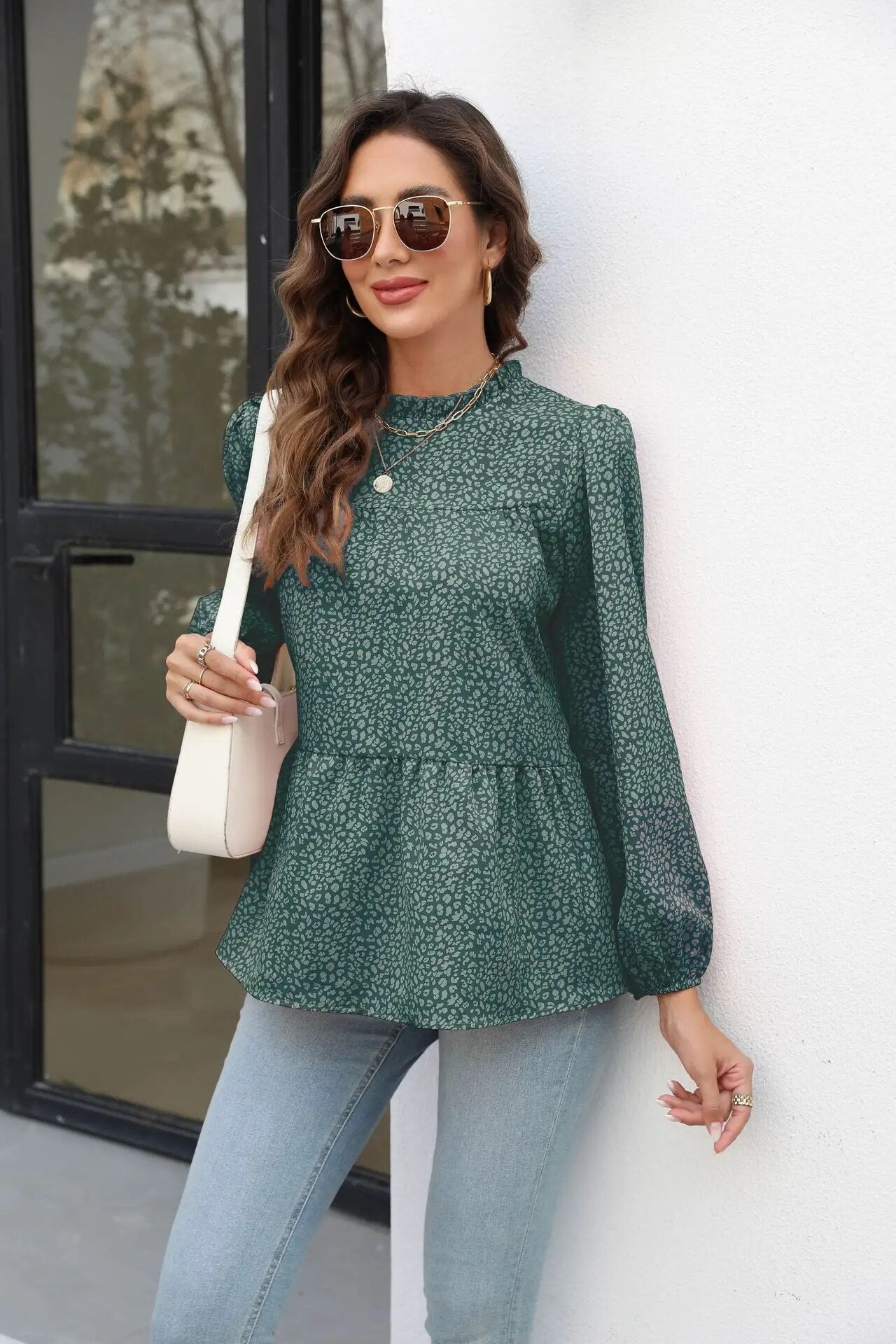 xakxx- vintage Floral Printed A-Line Blouse Women Round Neck Long Sleeve T Shirt OL Spring Autumn Fashion Tops
