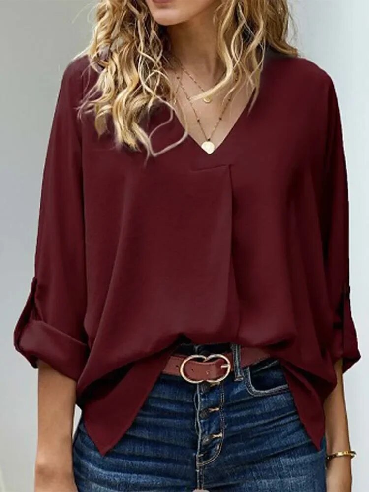 xakxx xakxx- Autumn Spring White Blouse Women Simple Long Sleeve V Neck Pullover Tops Casual Solid Womens Clothing