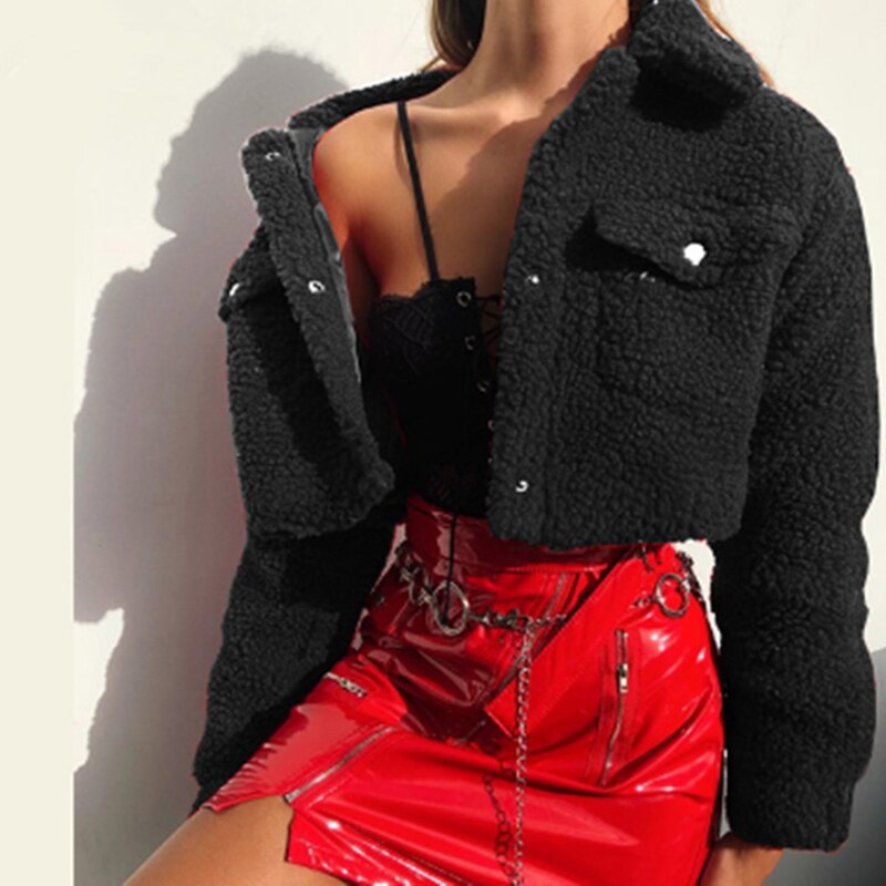 xakxx Thanksgiving Autumn Winter Short Coats And Jackets Solid Color Long Sleeve Casual Outerwear Woman Button Turn-Down Jackets Female