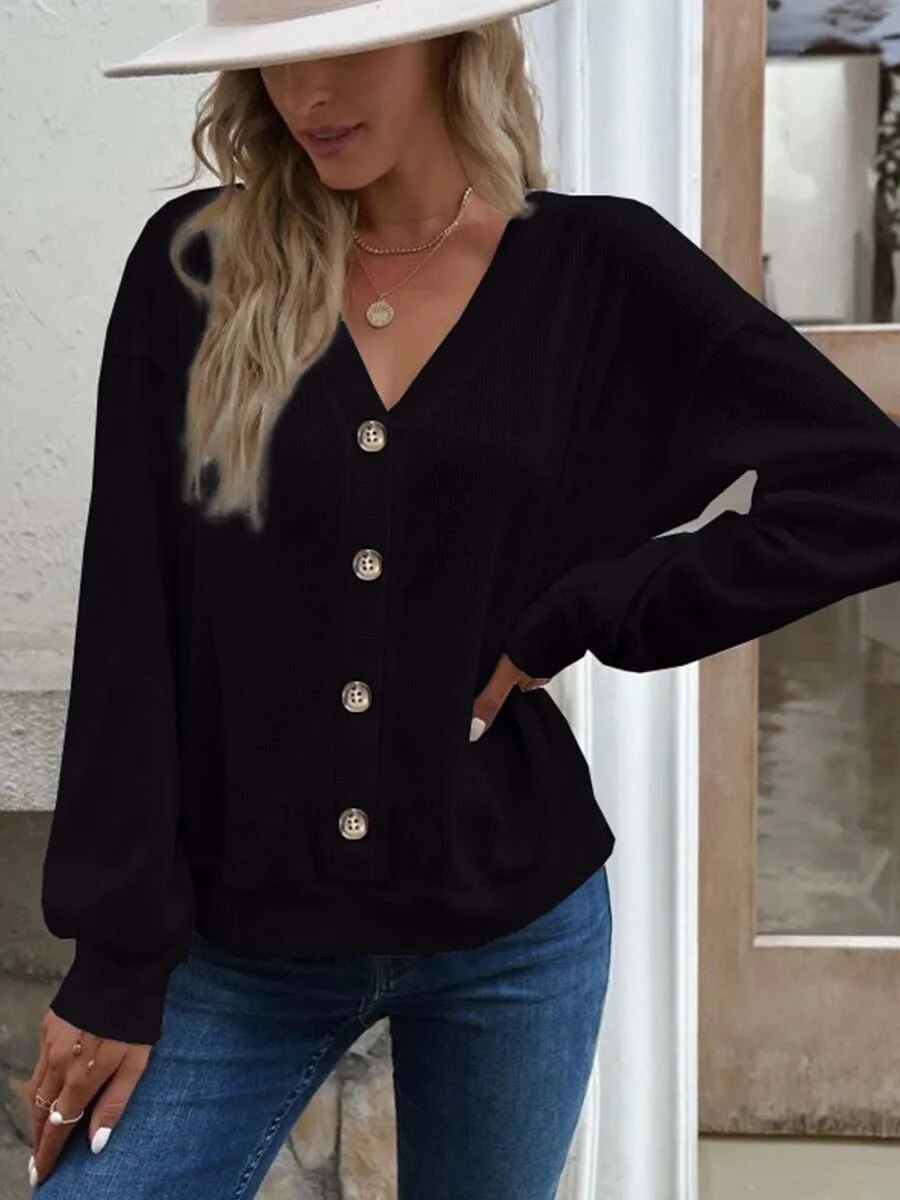 xakxx- 6 Colors Lightweight Jacket Women Button V-Neck Long Sleeve Short Coat Female Autumn Solid Cardigan Casual Loose Tops
